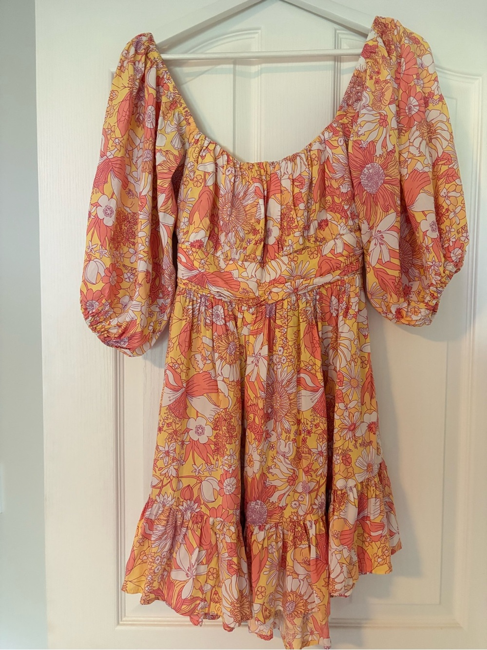 Floral Puff-Sleeve Mini Dress in Yellow and Pink